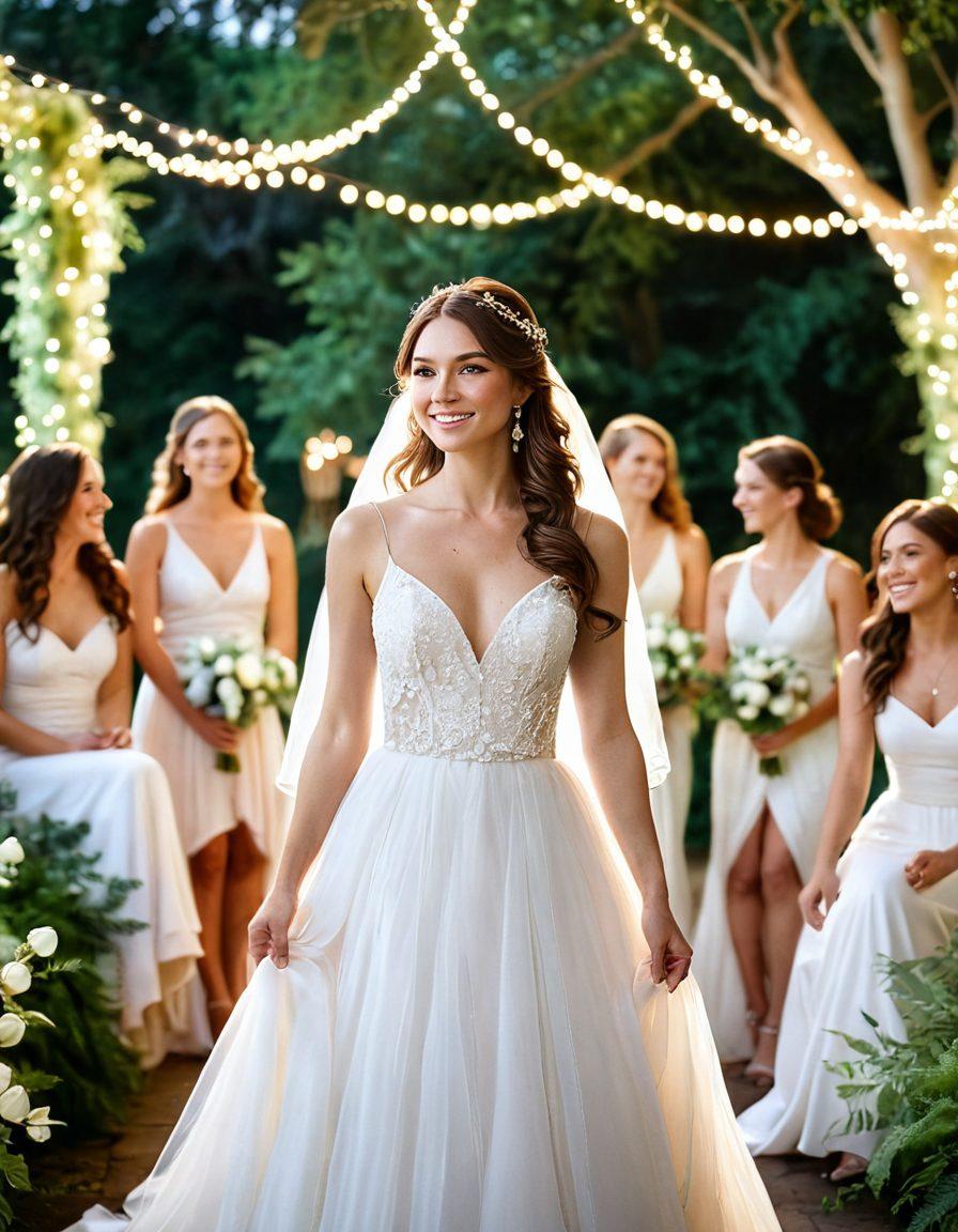 A stunning bridal scene featuring a radiant bride in a flowing white gown, surrounded by joyful bridesmaids, delicate floral arrangements, and twinkling fairy lights. The backdrop showcases a picturesque outdoor wedding setting, with lush greenery and pastel-hued decorations. Capture the essence of love and celebration, emphasizing emotion and elegance. super-realistic. soft pastel colors. outdoor setting.