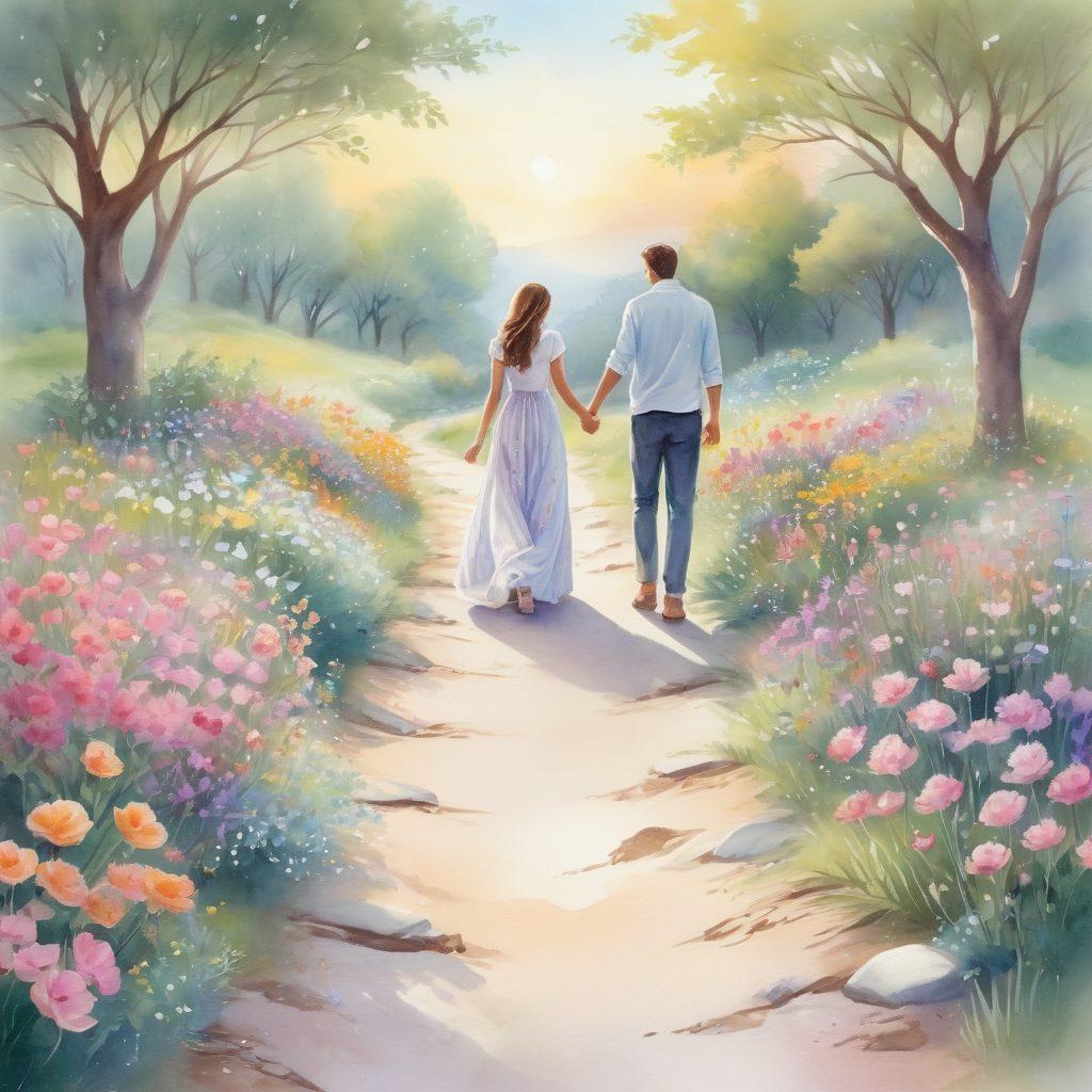 A beautiful journey path adorned with vibrant flowers and soft lighting, representing love and growth. Include a couple hand-in-hand, gazing lovingly into each other's eyes, with subtle symbols of engagement like rings and hearts scattered along the path. The background should feature a serene landscape, evoking a sense of romance and commitment. soft focus. pastel colors. watercolor style.