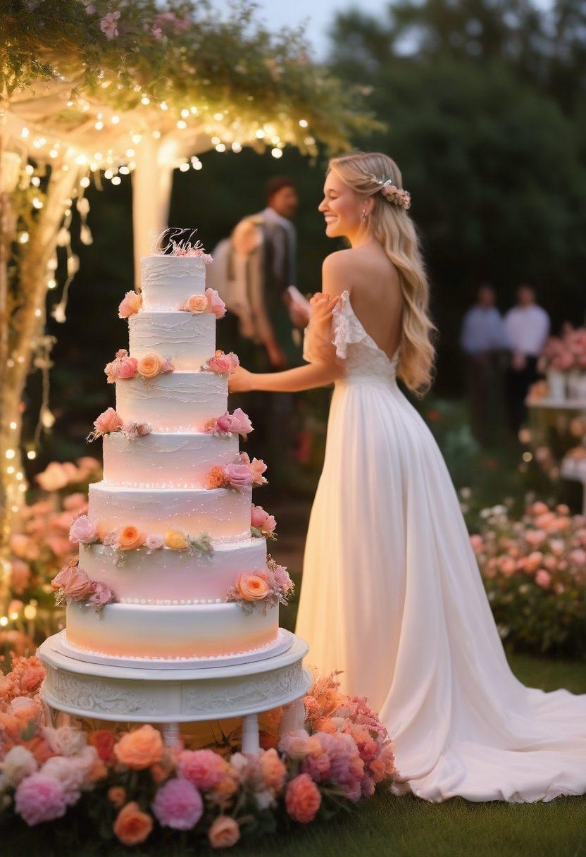 A whimsical outdoor wedding scene with a joyful bride-to-be surrounded by blooming flowers, soft pastel decorations, and twinkling fairy lights. Include elements of personal touches like handwritten vows and a beautifully designed wedding cake. Capture the essence of love and celebration in warm, inviting colors. A picturesque sunset in the background adds to the romance. vibrant colors. super-realistic.
